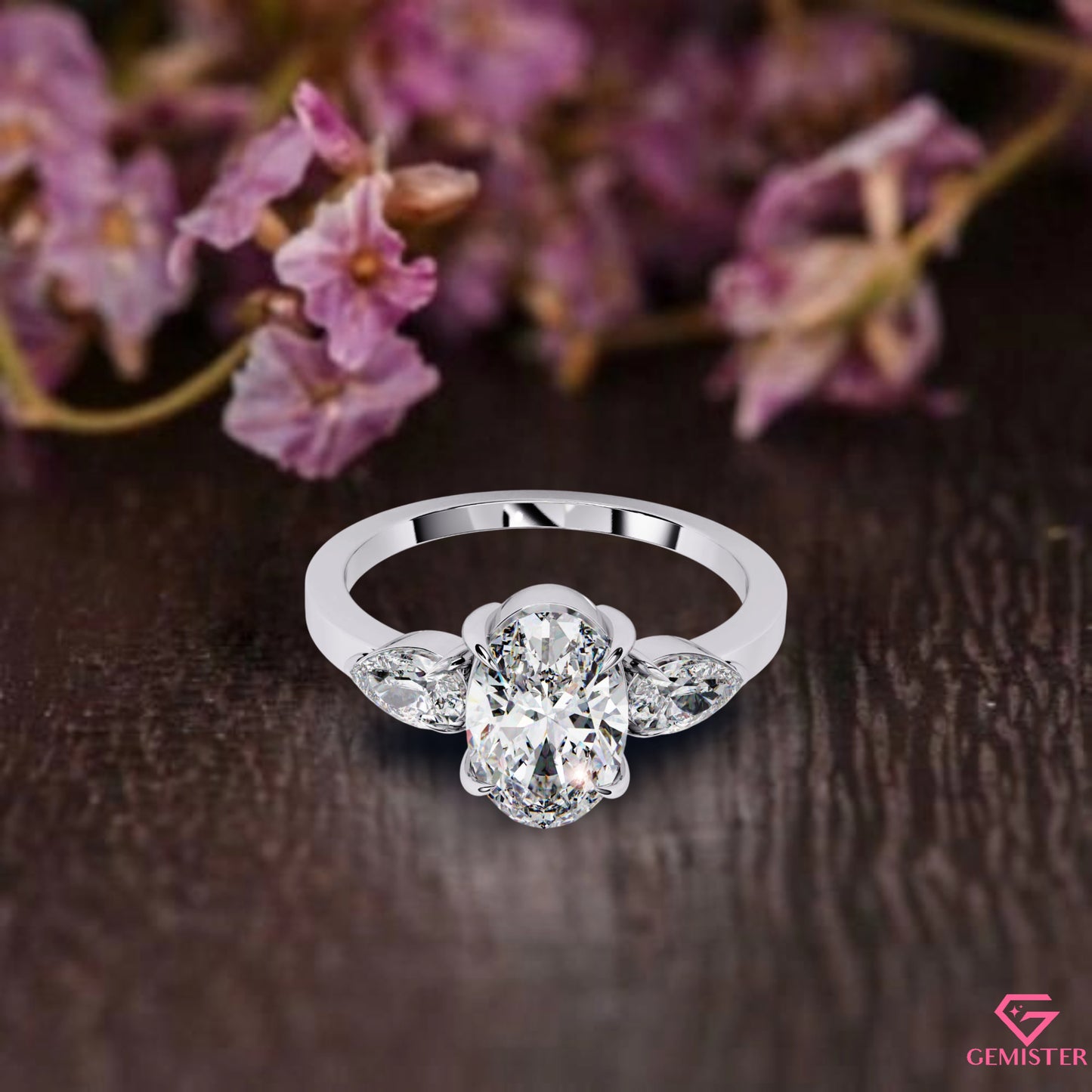 1.54 CT Oval Cut Moissanite Three Stone Engagement Ring with Pear Side Accents – Classic Bridal Jewelry