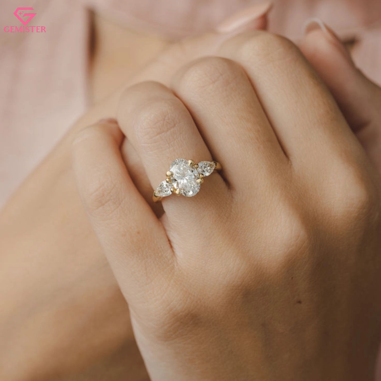 1.54 CT Oval Cut Moissanite Three Stone Engagement Ring with Pear Side Accents – Classic Bridal Jewelry