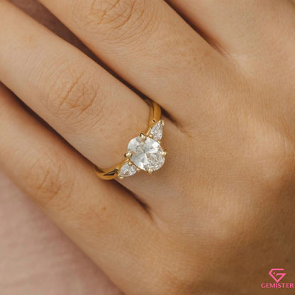 1.54 CT Oval Cut Moissanite Three Stone Engagement Ring with Pear Side Accents – Classic Bridal Jewelry