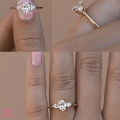 1.54 CT Oval Cut Moissanite Three Stone Engagement Ring with Pear Side Accents – Classic Bridal Jewelry