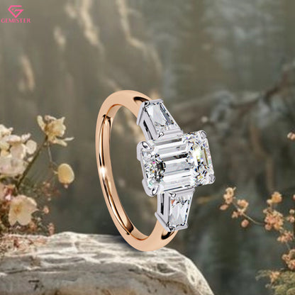 2.93 CT Emerald Cut Moissanite Three Stone Engagement Ring with Baguette Side Accents – Classic Bridal Jewelry