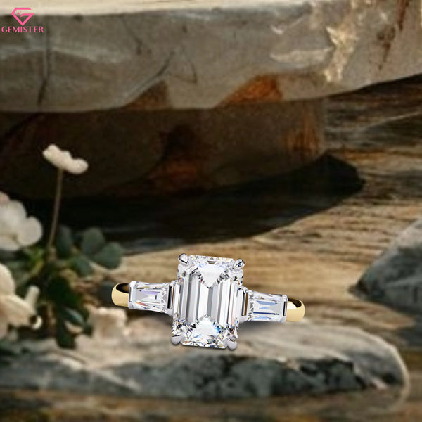 2.93 CT Emerald Cut Lab Grown Diamond Three Stone Engagement Ring with Baguette Side Accents – Classic Bridal Jewelry