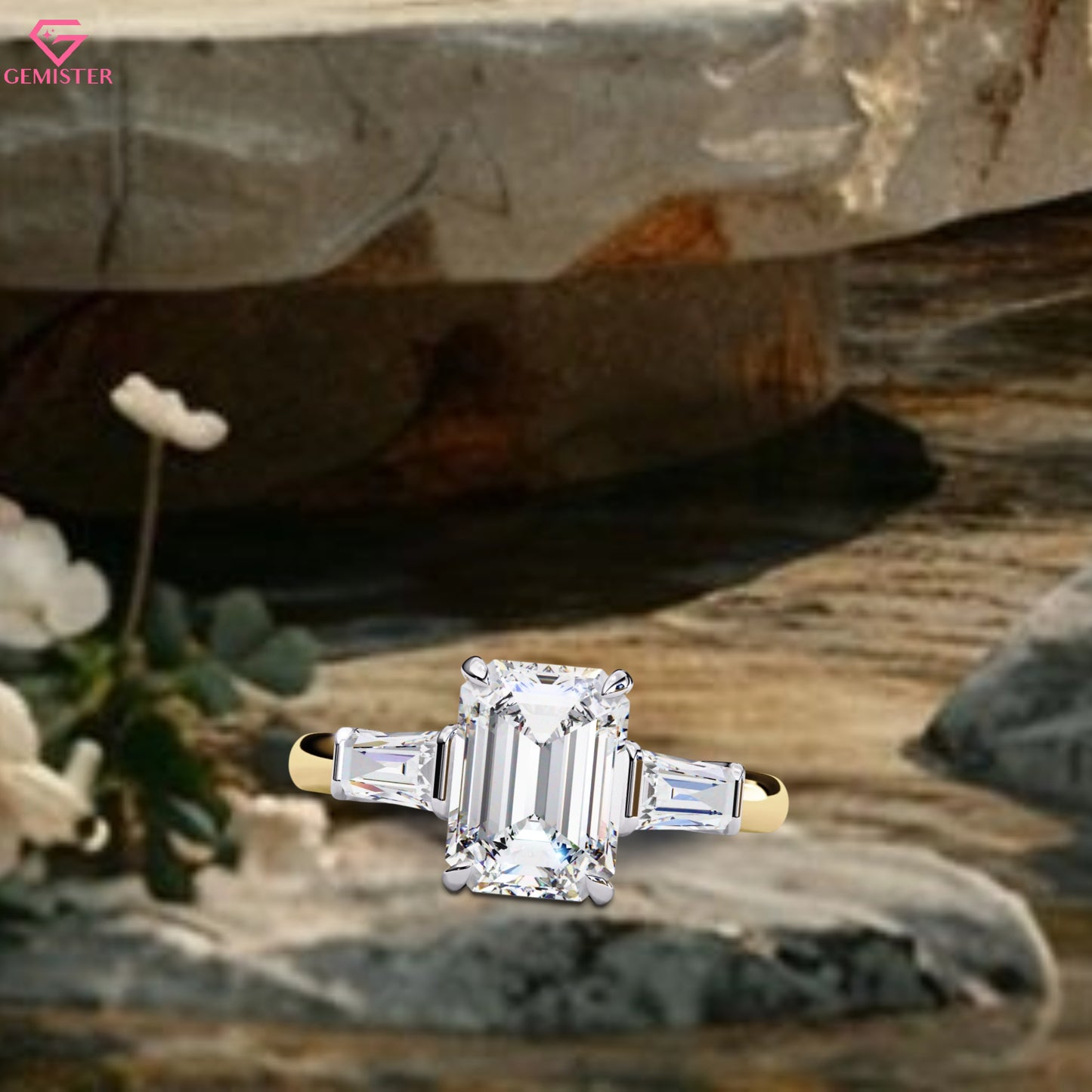 2.93 CT Emerald Cut Moissanite Three Stone Engagement Ring with Baguette Side Accents – Classic Bridal Jewelry
