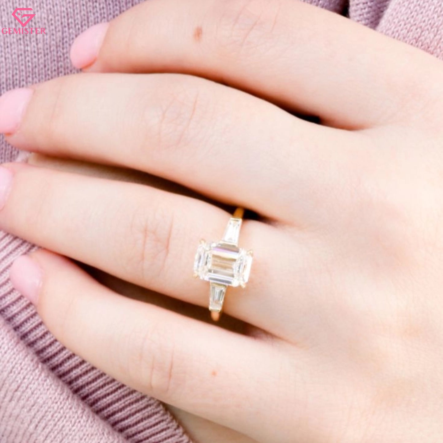 2.93 CT Emerald Cut Moissanite Three Stone Engagement Ring with Baguette Side Accents – Classic Bridal Jewelry