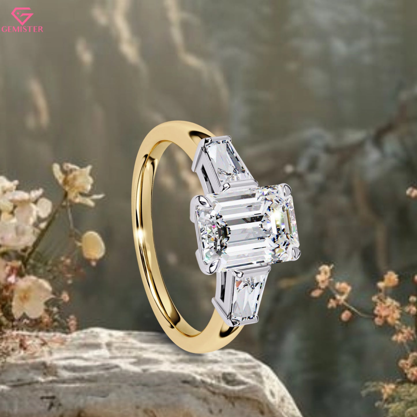 2.93 CT Emerald Cut Moissanite Three Stone Engagement Ring with Baguette Side Accents – Classic Bridal Jewelry