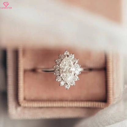 0.64 CT Marquise Cut Moissanite Cluster Halo Engagement Ring in Gold – Elegant Bridal Jewelry