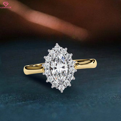 0.64 CT Marquise Cut Moissanite Cluster Halo Engagement Ring in Gold – Elegant Bridal Jewelry