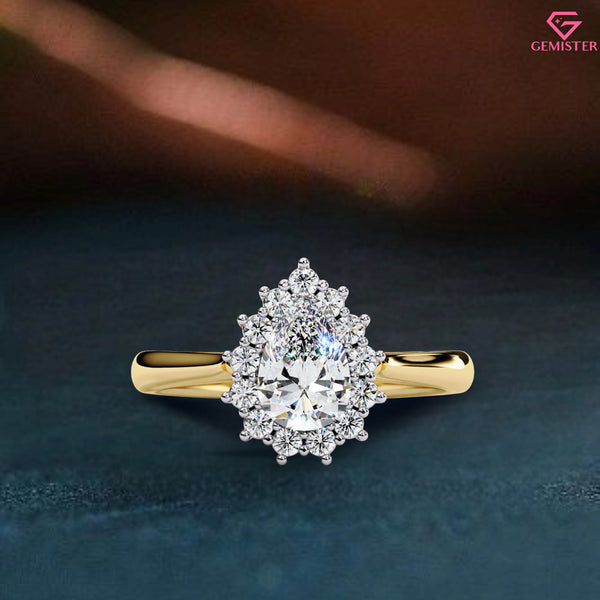 0.52 CT Pear Cut Lab Grown Diamond Cluster Halo Engagement Ring in Gold – Elegant Bridal Jewelry