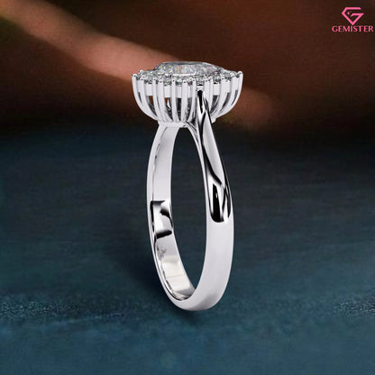 0.52 CT Pear Cut Lab Grown Diamond Cluster Halo Engagement Ring in Gold – Elegant Bridal Jewelry