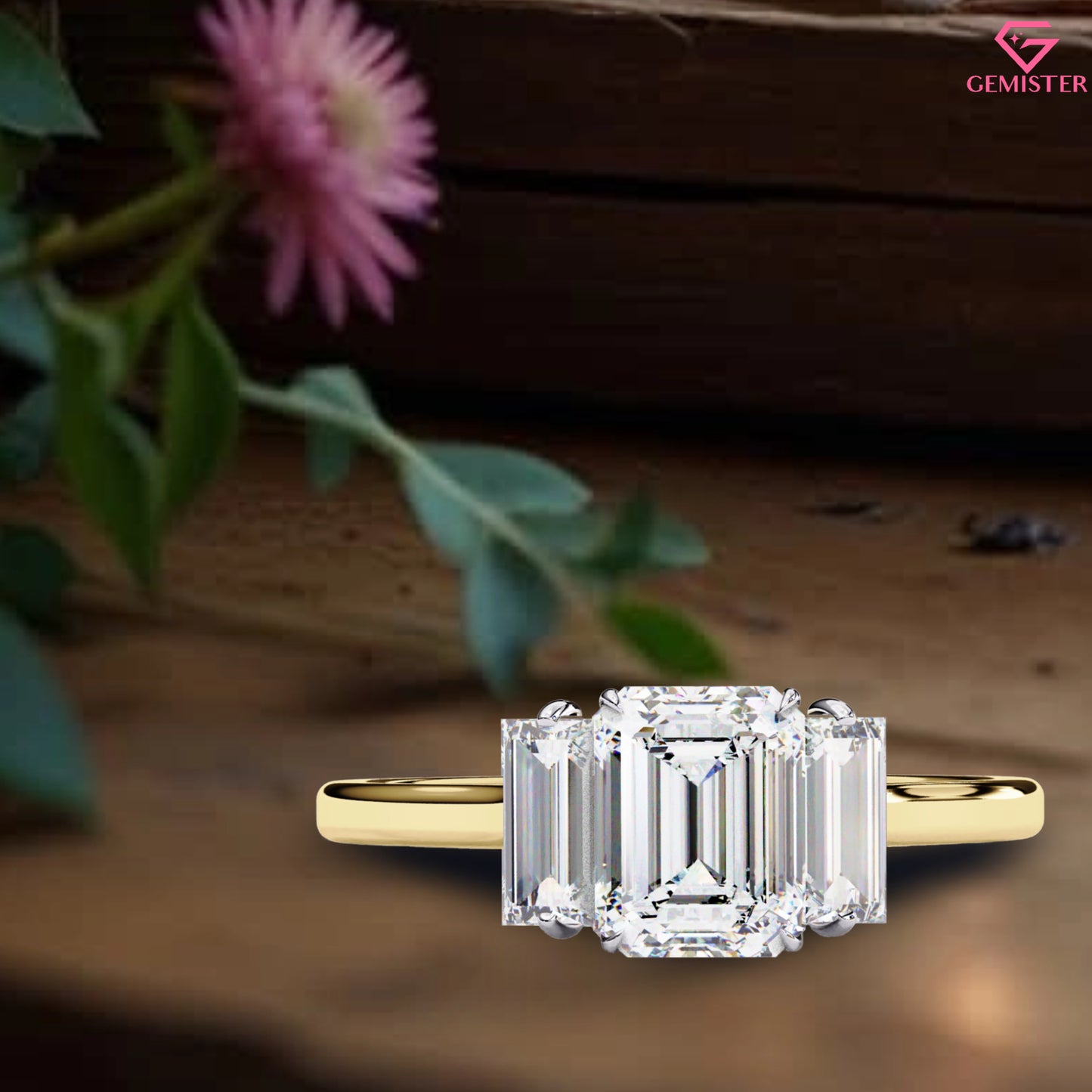 1.44 CT Emerald Cut Lab Grown Diamond Three Stone Engagement Ring in Gold – Timeless Bridal Jewelry