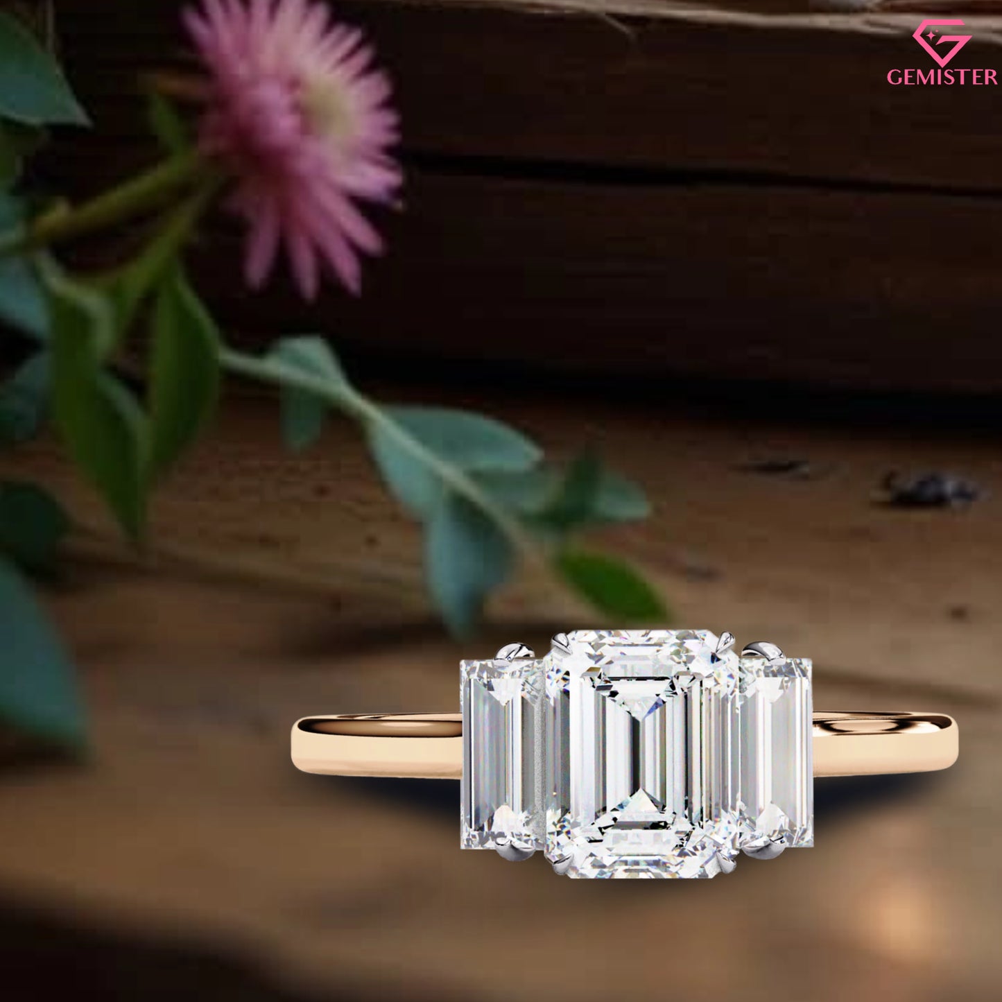 1.44 CT Emerald Cut Lab Grown Diamond Three Stone Engagement Ring in Gold – Timeless Bridal Jewelry