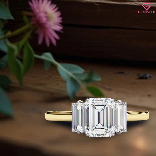 1.44 CT Emerald Cut Lab Grown Diamond Three Stone Engagement Ring in Gold – Timeless Bridal Jewelry