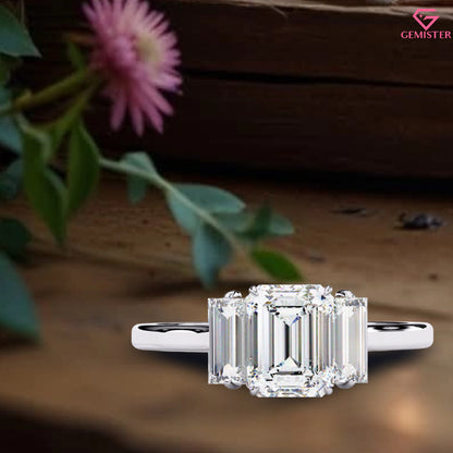 1.44 CT Emerald Cut Lab Grown Diamond Three Stone Engagement Ring in Gold – Timeless Bridal Jewelry