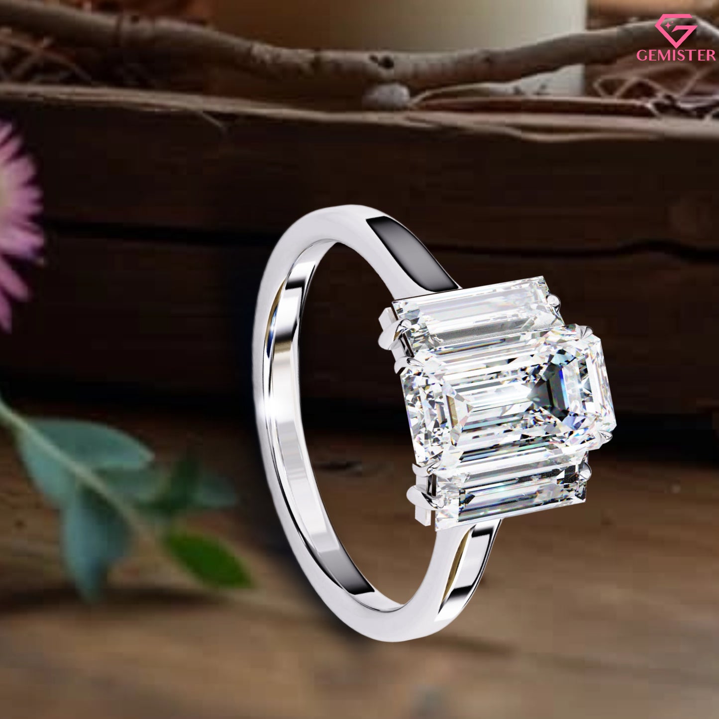 1.44 CT Emerald Cut Lab Grown Diamond Three Stone Engagement Ring in Gold – Timeless Bridal Jewelry