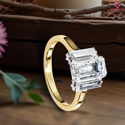 1.44 CT Emerald Cut Lab Grown Diamond Three Stone Engagement Ring in Gold – Timeless Bridal Jewelry