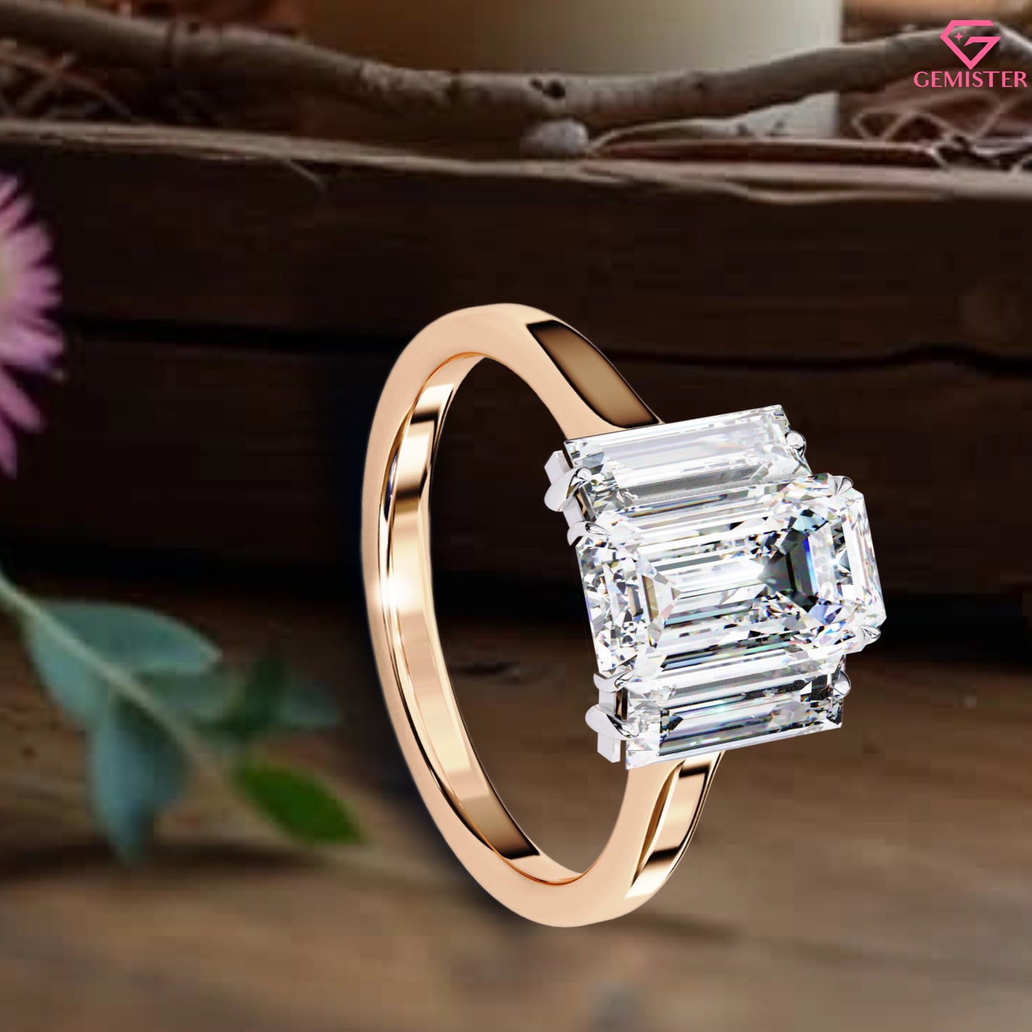 1.44 CT Emerald Cut Lab Grown Diamond Three Stone Engagement Ring in Gold – Timeless Bridal Jewelry