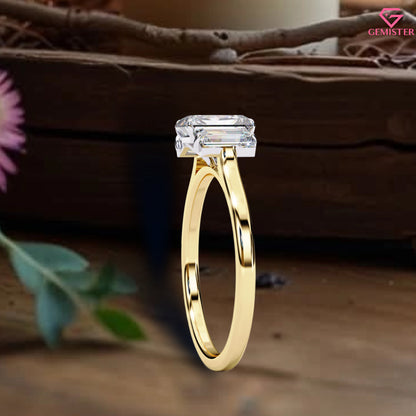 1.44 CT Emerald Cut Lab Grown Diamond Three Stone Engagement Ring in Gold – Timeless Bridal Jewelry