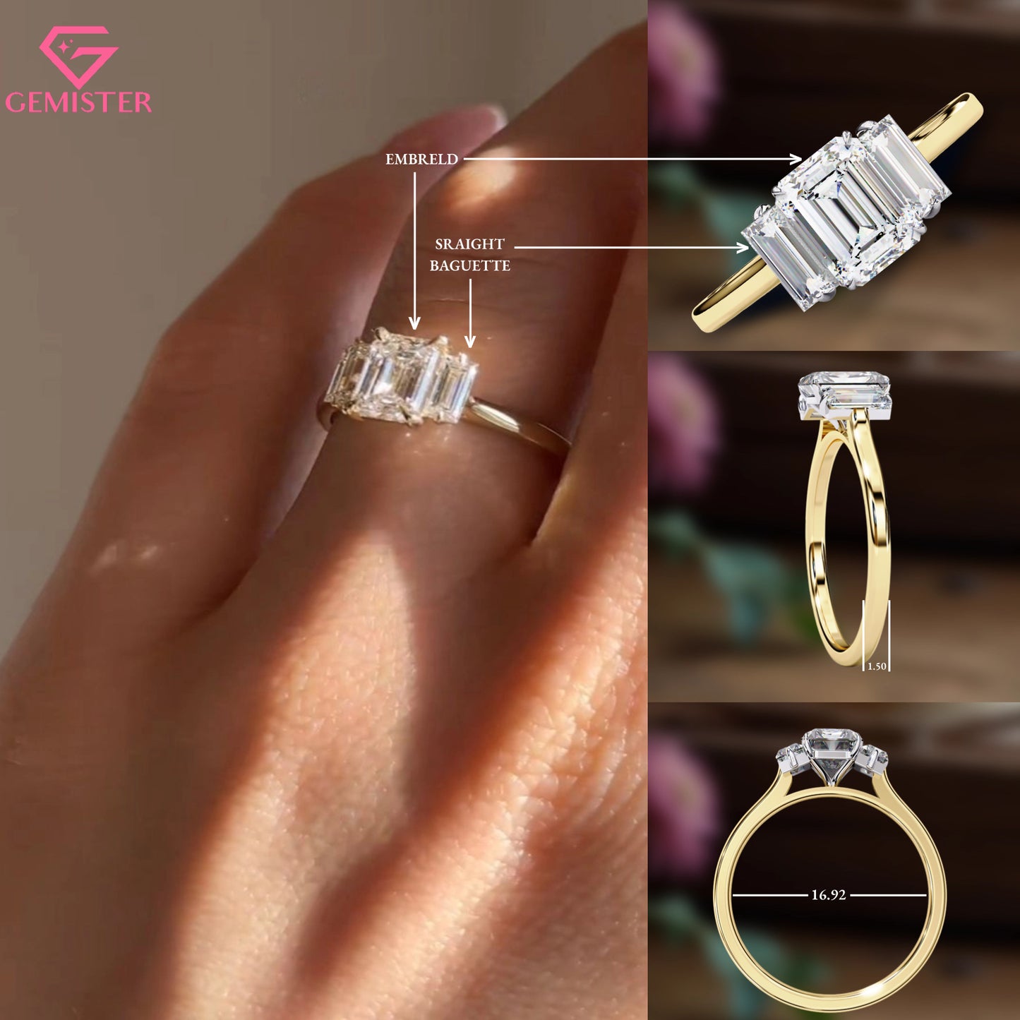 1.44 CT Emerald Cut Lab Grown Diamond Three Stone Engagement Ring in Gold – Timeless Bridal Jewelry