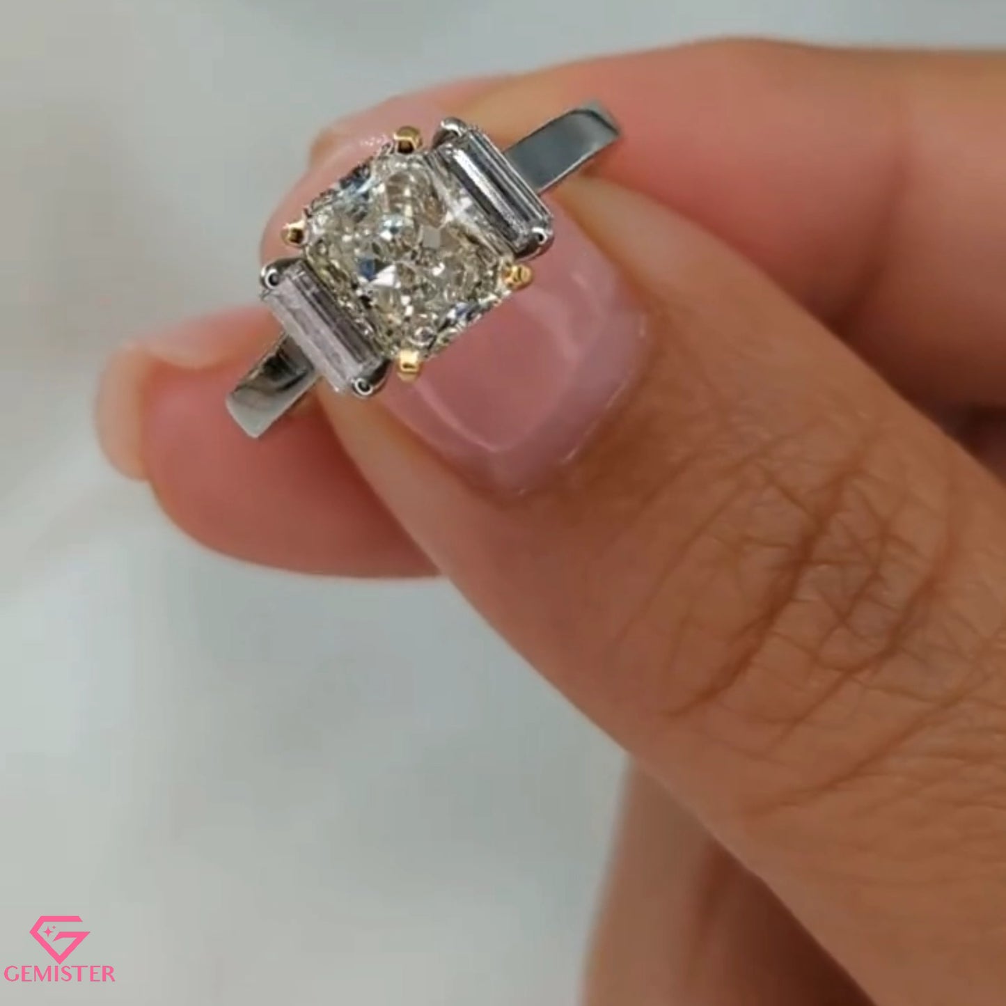 1.63 CT Radiant Cut Lab Grown Diamond Three Stone Engagement Ring with Baguette Side Accents in Gold – Classic Bridal Jewelry