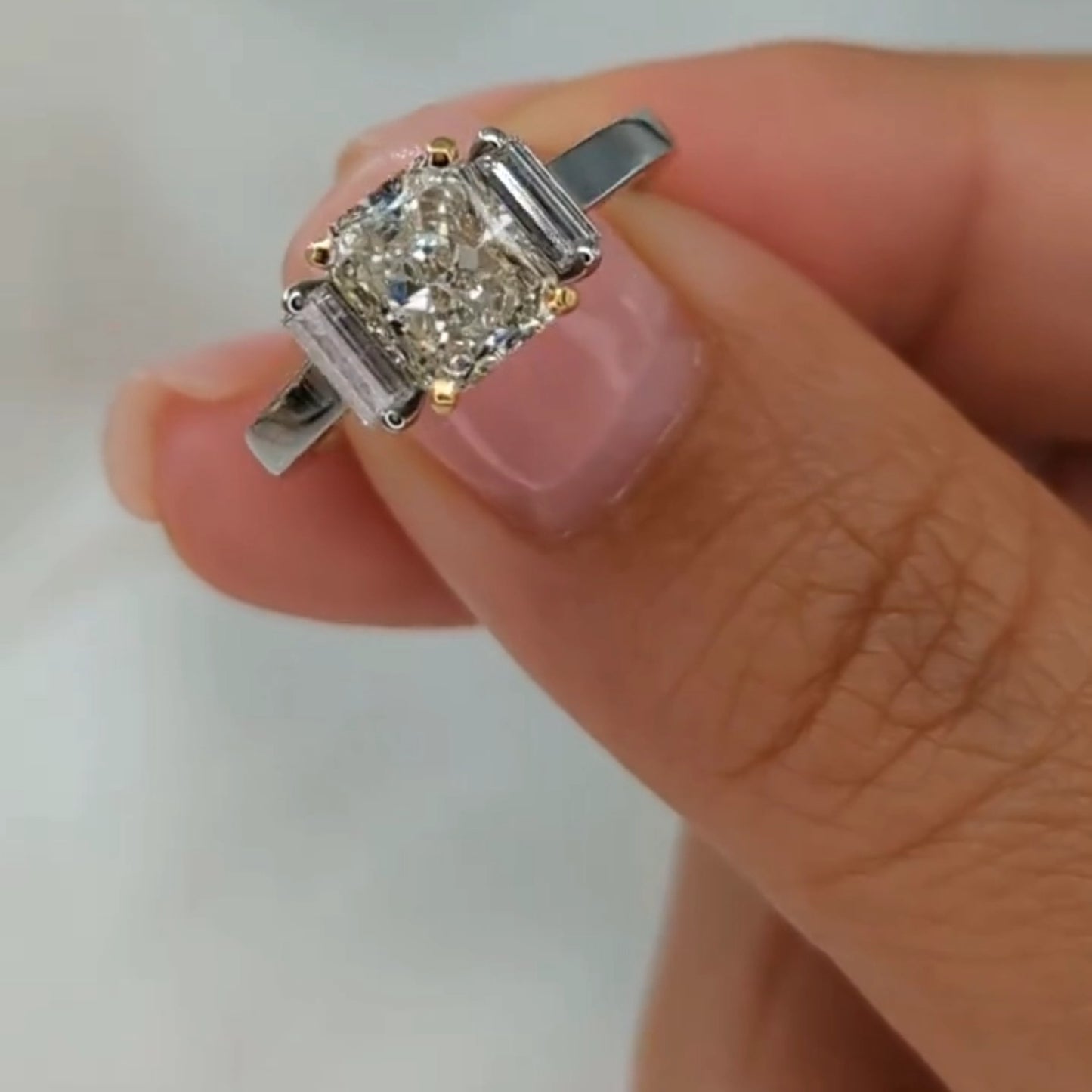 1.63 CT Radiant Cut Lab Grown Diamond Three Stone Engagement Ring with Baguette Side Accents in Gold – Classic Bridal Jewelry