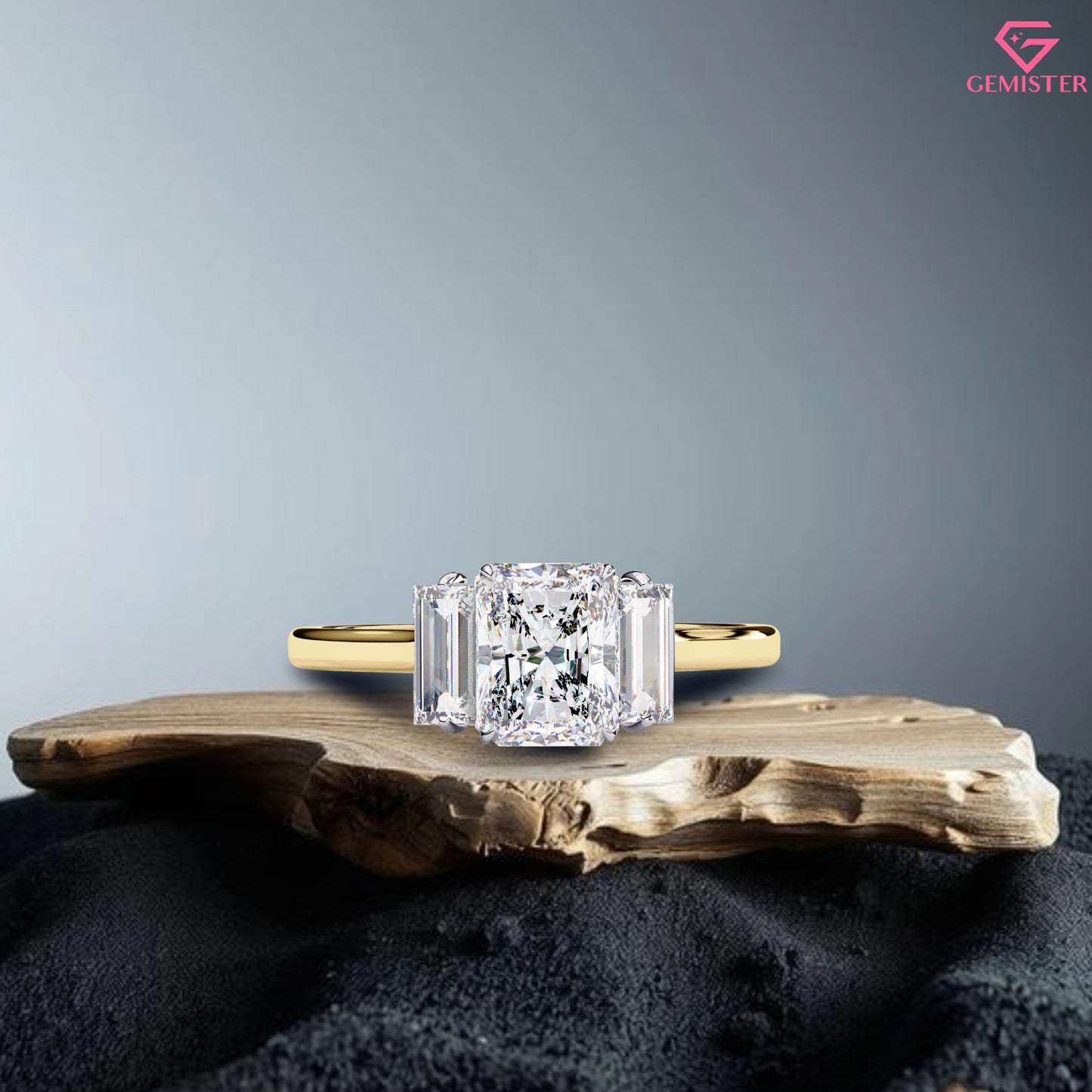 1.63 CT Radiant Cut Lab Grown Diamond Three Stone Engagement Ring with Baguette Side Accents in Gold – Classic Bridal Jewelry