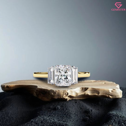 1.63 CT Radiant Cut Lab Grown Diamond Three Stone Engagement Ring with Baguette Side Accents in Gold – Classic Bridal Jewelry