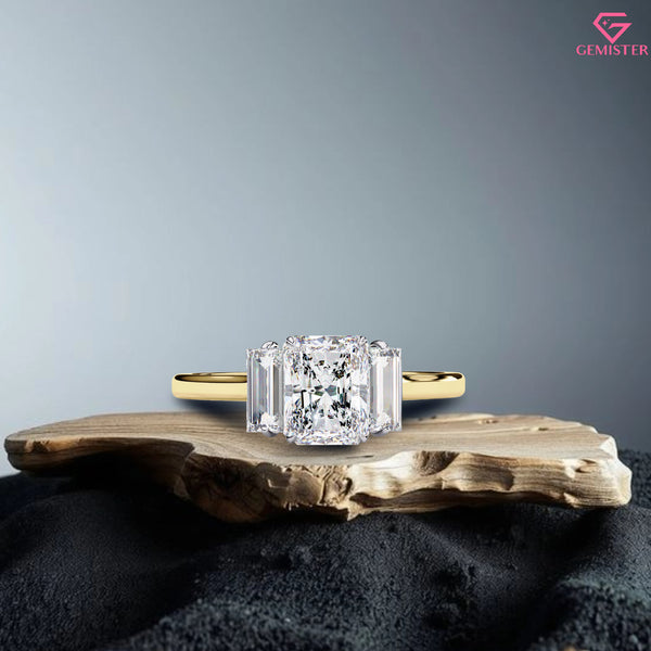 1.63 CT Radiant Cut Lab Grown Diamond Three Stone Engagement Ring with Baguette Side Accents in Gold – Classic Bridal Jewelry