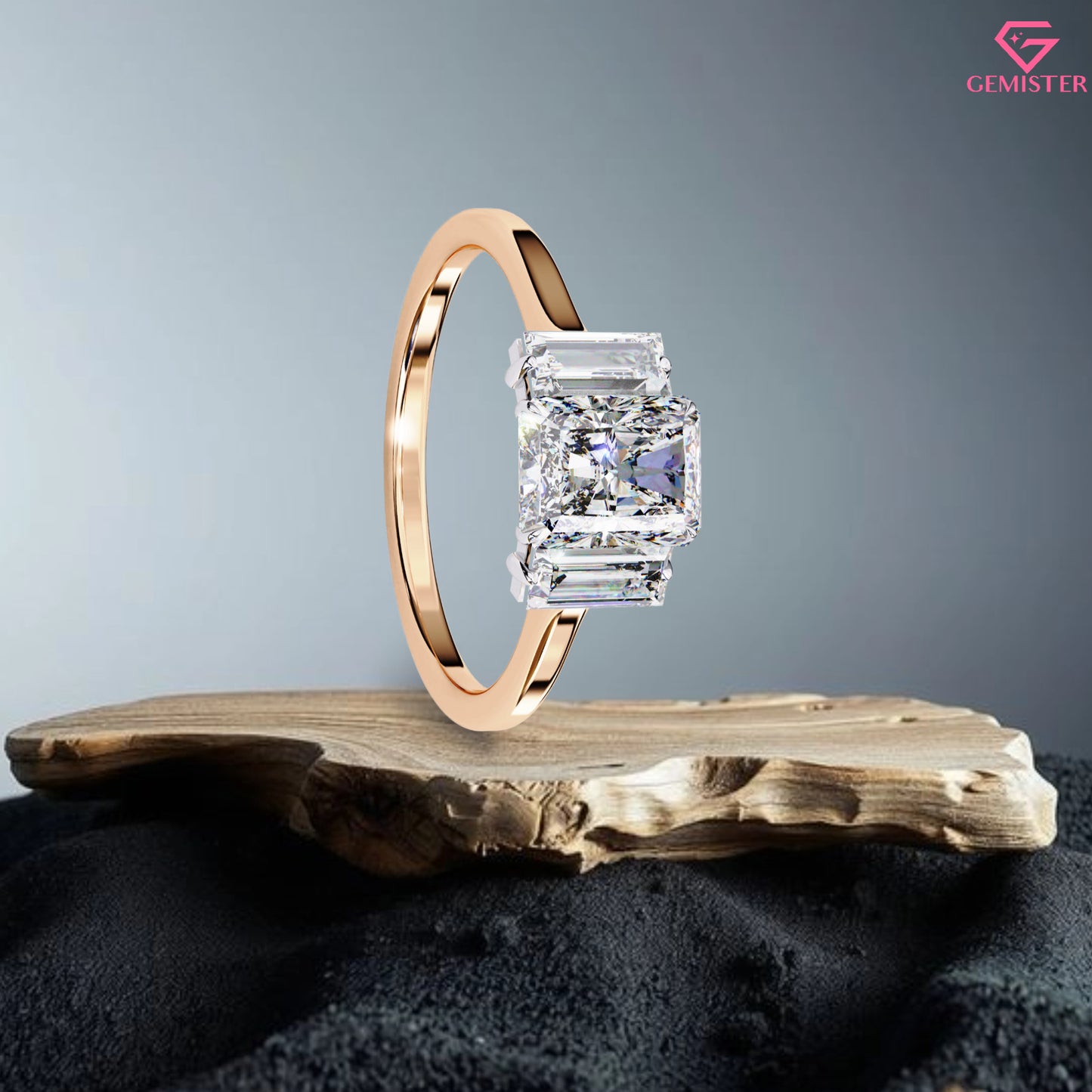 1.63 CT Radiant Cut Lab Grown Diamond Three Stone Engagement Ring with Baguette Side Accents in Gold – Classic Bridal Jewelry