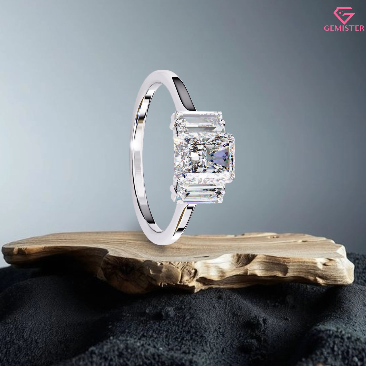 1.63 CT Radiant Cut Lab Grown Diamond Three Stone Engagement Ring with Baguette Side Accents in Gold – Classic Bridal Jewelry