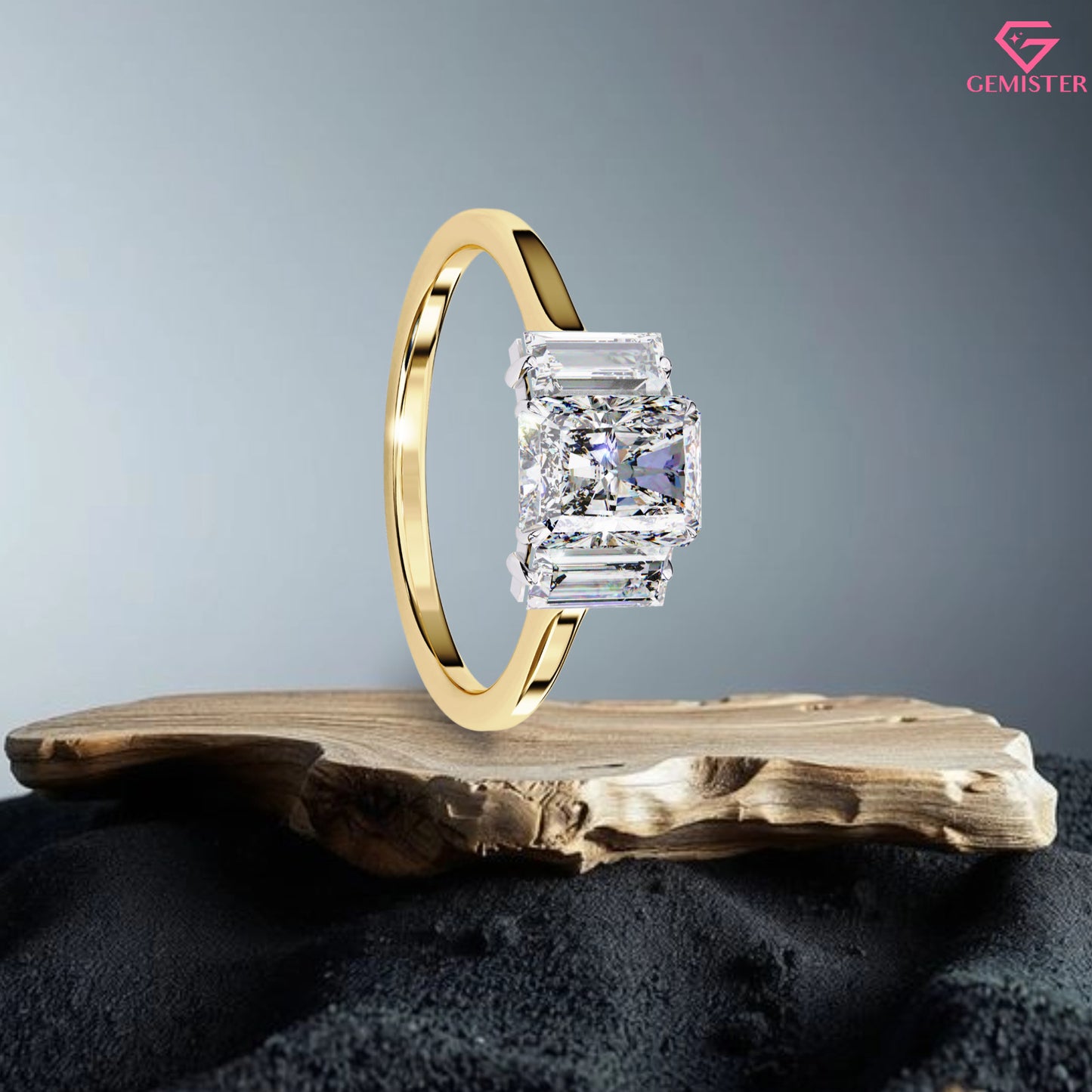 1.63 CT Radiant Cut Lab Grown Diamond Three Stone Engagement Ring with Baguette Side Accents in Gold – Classic Bridal Jewelry