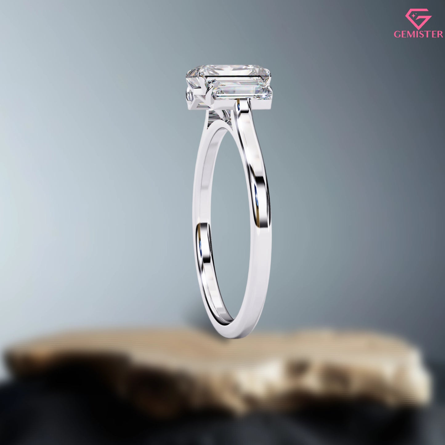 1.63 CT Radiant Cut Lab Grown Diamond Three Stone Engagement Ring with Baguette Side Accents in Gold – Classic Bridal Jewelry