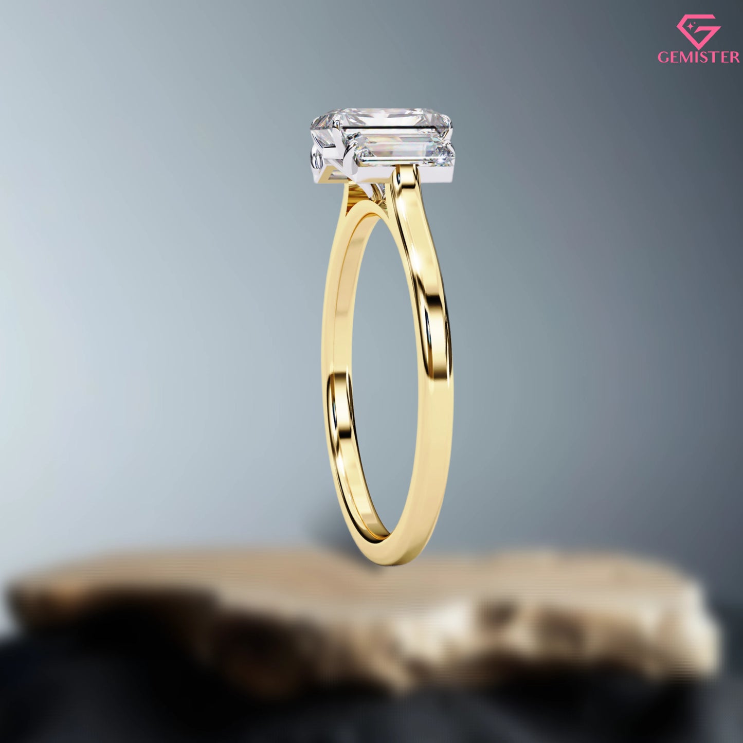 1.63 CT Radiant Cut Lab Grown Diamond Three Stone Engagement Ring with Baguette Side Accents in Gold – Classic Bridal Jewelry