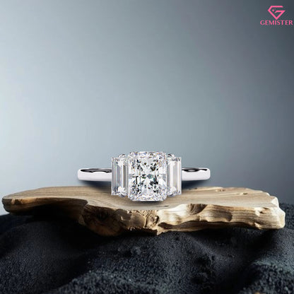 1.63 CT Radiant Cut Lab Grown Diamond Three Stone Engagement Ring with Baguette Side Accents in Gold – Classic Bridal Jewelry