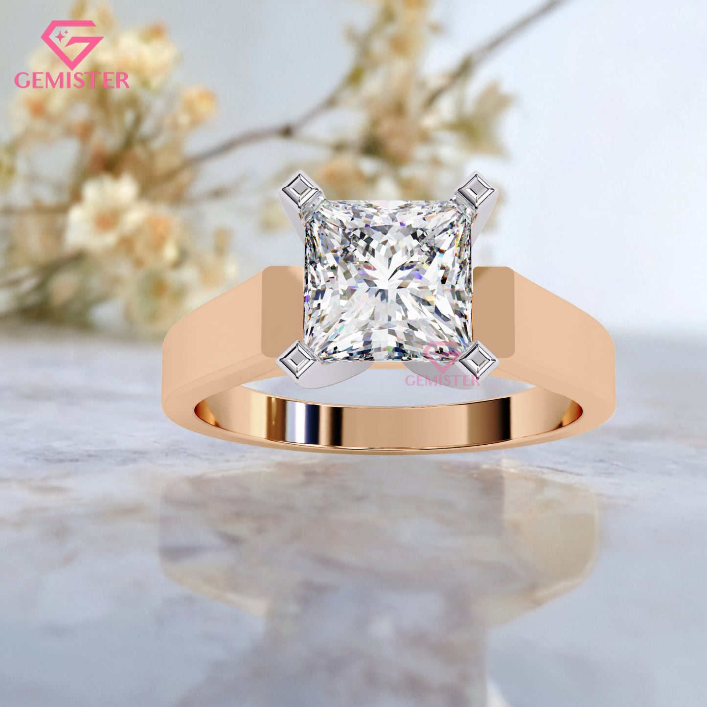 1.72 CT Princess Cut Lab Grown Diamond Solitaire Engagement Ring with Wide Gold Band – Modern Bridal Jewelry