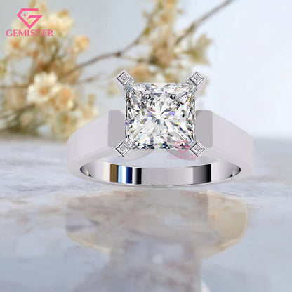 1.72 CT Princess Cut Lab Grown Diamond Solitaire Engagement Ring with Wide Gold Band – Modern Bridal Jewelry