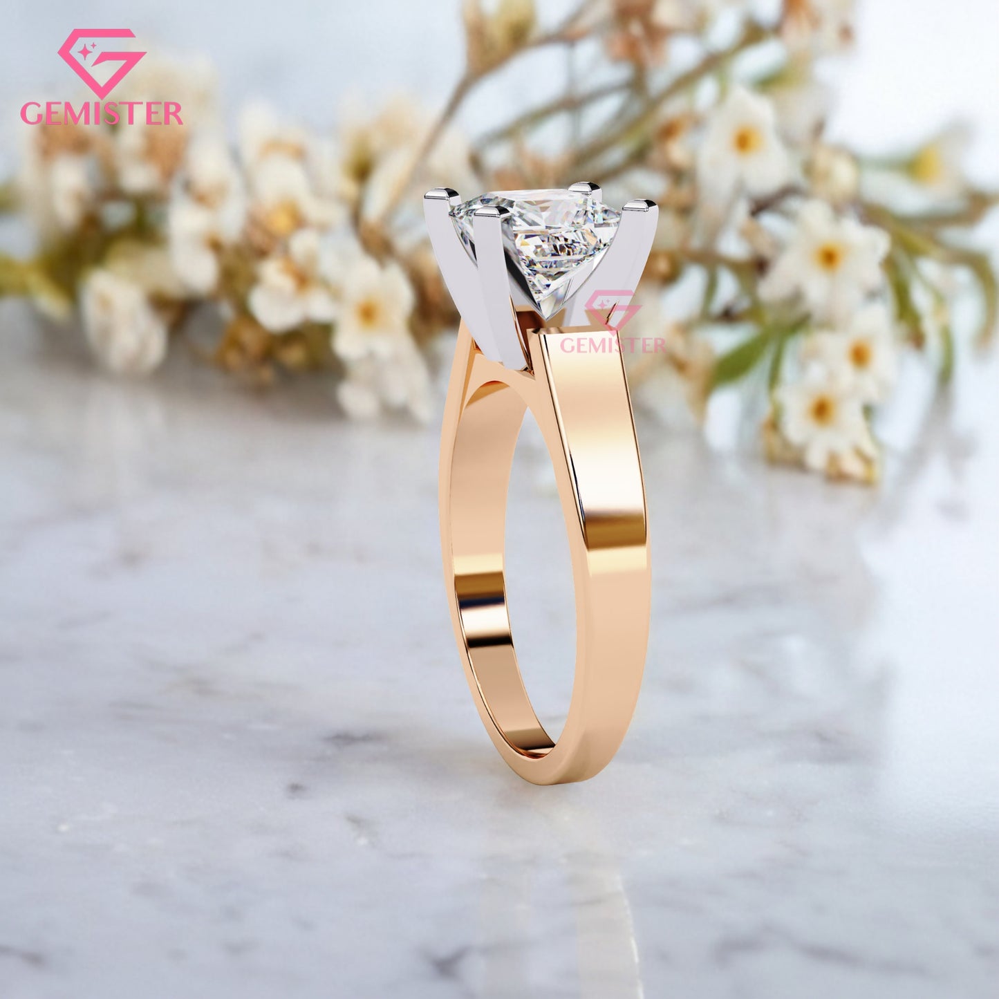 1.72 CT Princess Cut Lab Grown Diamond Solitaire Engagement Ring with Wide Gold Band – Modern Bridal Jewelry