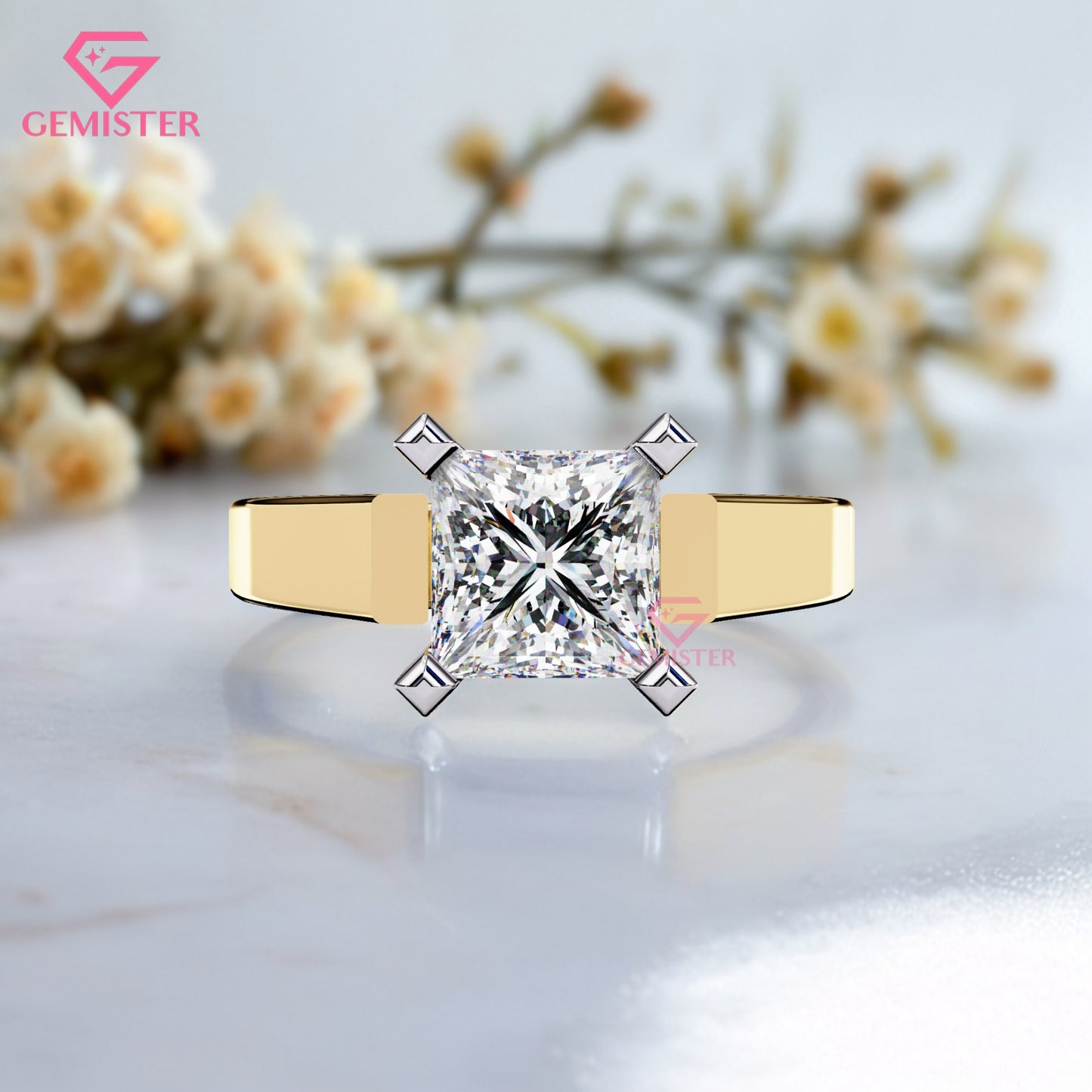 1.72 CT Princess Cut Lab Grown Diamond Solitaire Engagement Ring with Wide Gold Band – Modern Bridal Jewelry