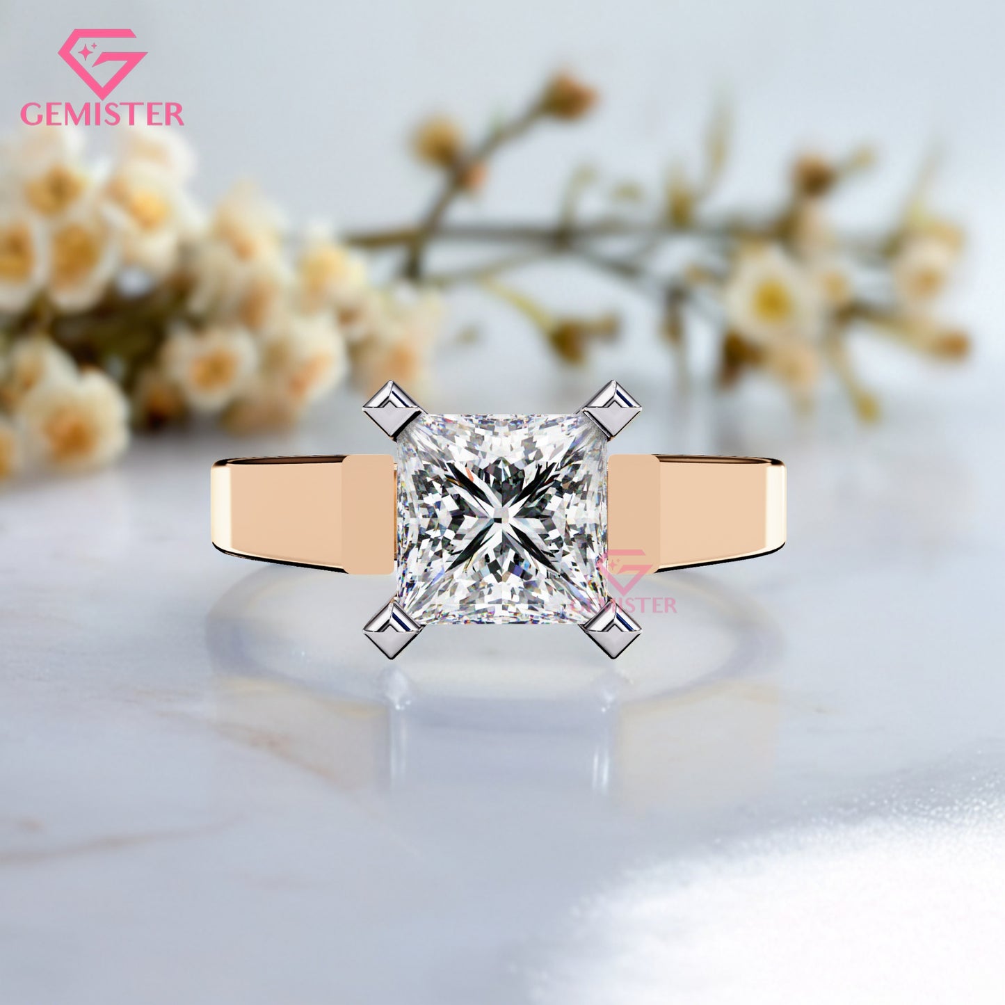 1.72 CT Princess Cut Lab Grown Diamond Solitaire Engagement Ring with Wide Gold Band – Modern Bridal Jewelry