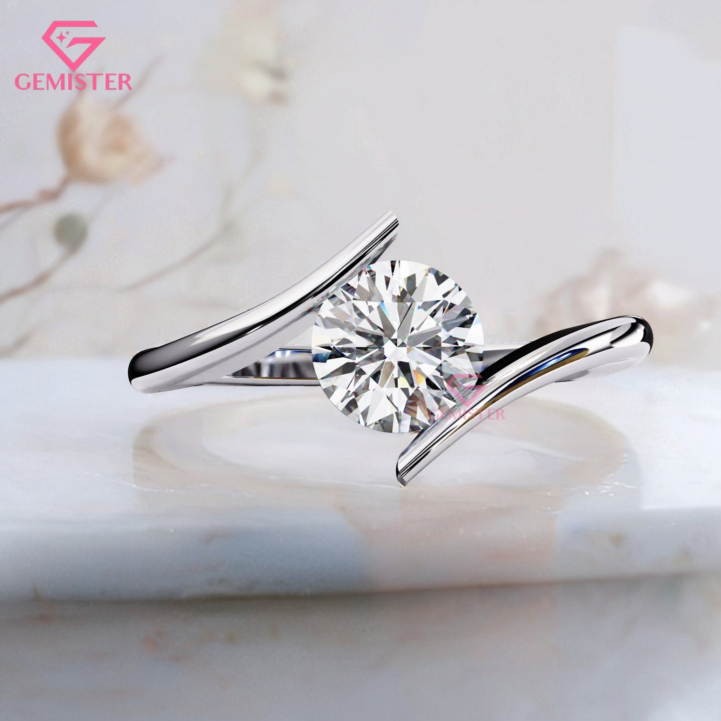 1.29 CT Round Cut Lab Grown Diamond Solitaire Engagement Ring, Modern Bypass Band – Unique Bridal Jewelry