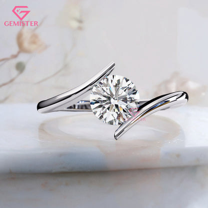 1.29 CT Round Cut Lab Grown Diamond Solitaire Engagement Ring, Modern Bypass Band – Unique Bridal Jewelry