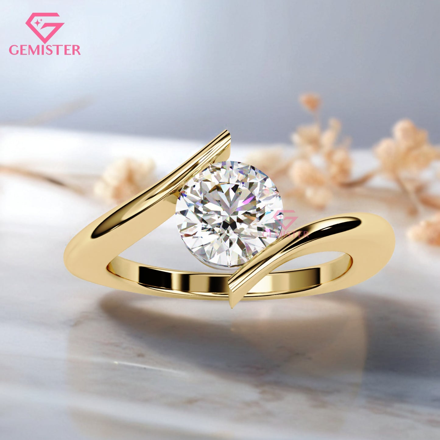 1.29 CT Round Cut Lab Grown Diamond Solitaire Engagement Ring, Modern Bypass Band – Unique Bridal Jewelry