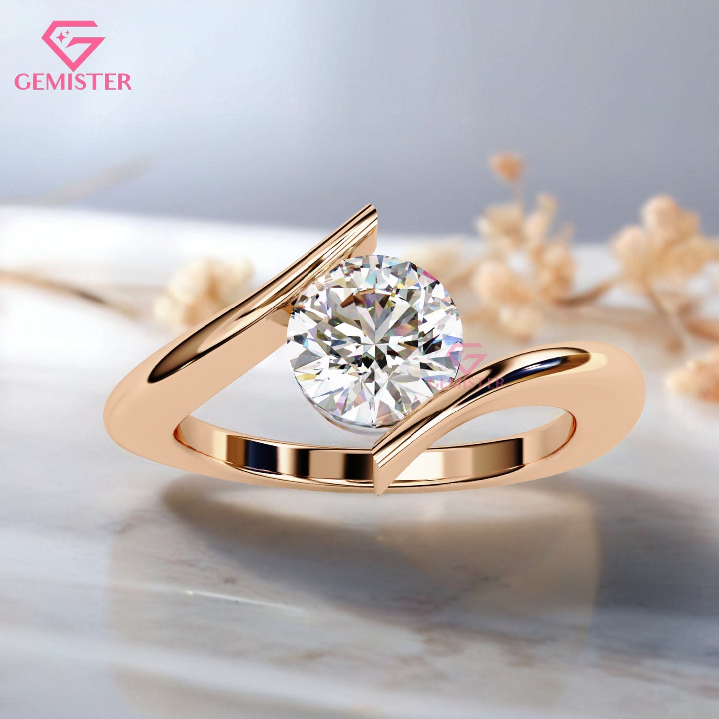 1.29 CT Round Cut Lab Grown Diamond Solitaire Engagement Ring, Modern Bypass Band – Unique Bridal Jewelry