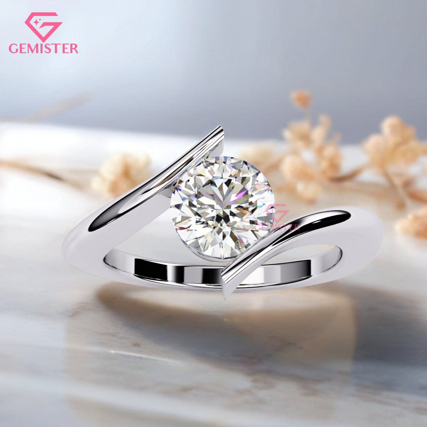 1.29 CT Round Cut Lab Grown Diamond Solitaire Engagement Ring, Modern Bypass Band – Unique Bridal Jewelry