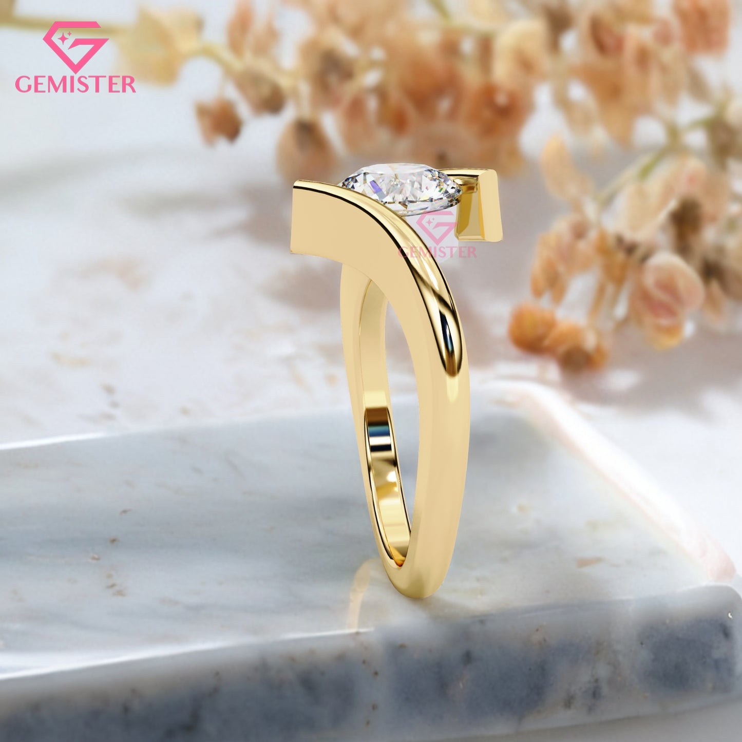 1.29 CT Round Cut Lab Grown Diamond Solitaire Engagement Ring, Modern Bypass Band – Unique Bridal Jewelry