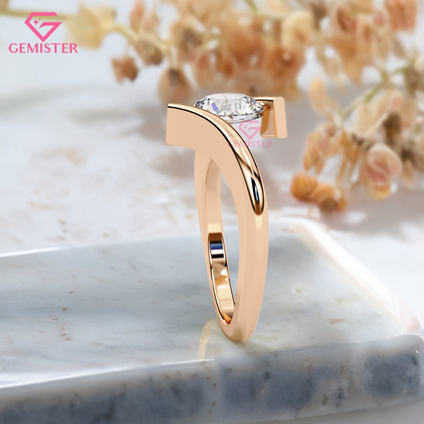 1.29 CT Round Cut Lab Grown Diamond Solitaire Engagement Ring, Modern Bypass Band – Unique Bridal Jewelry