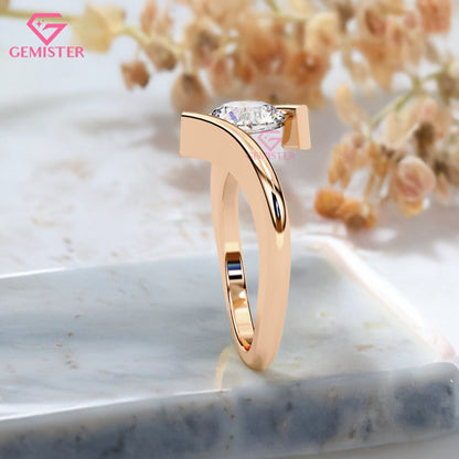 1.29 CT Round Cut Lab Grown Diamond Solitaire Engagement Ring, Modern Bypass Band – Unique Bridal Jewelry