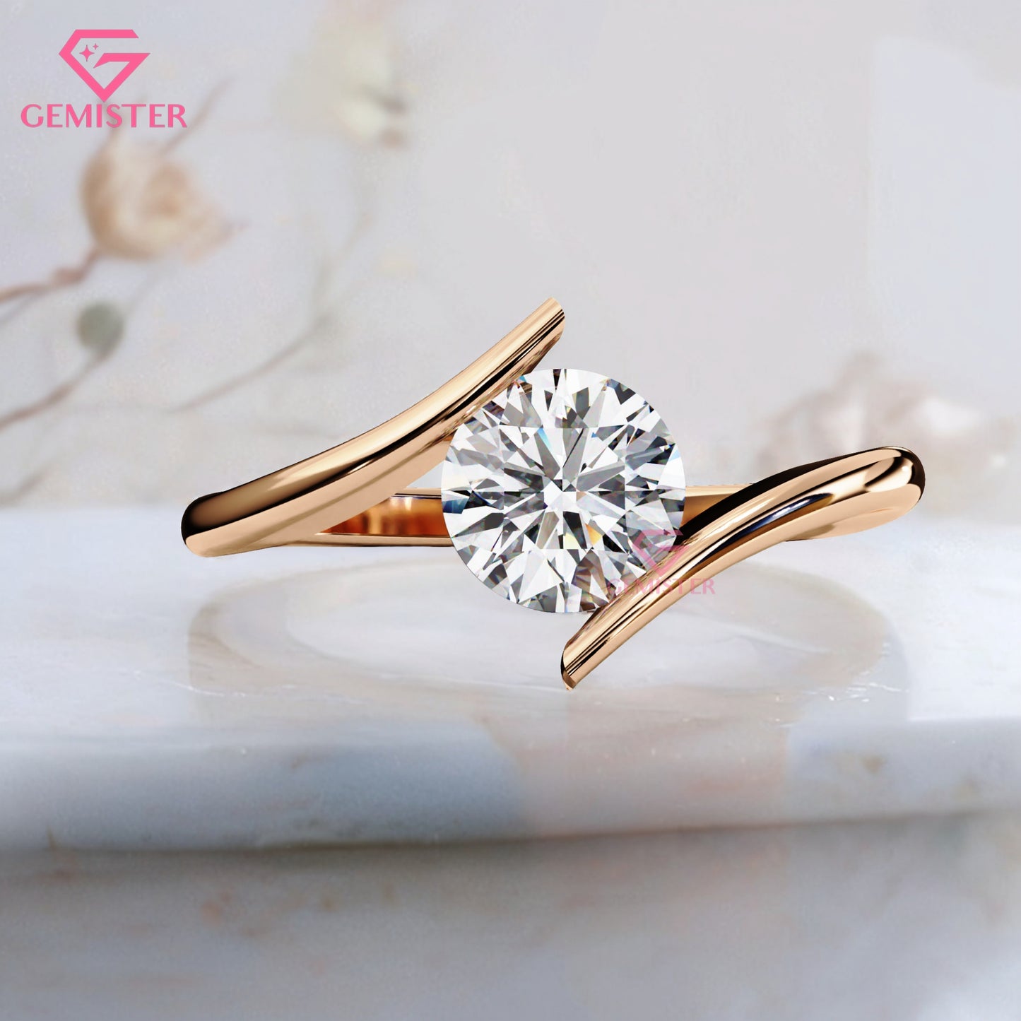 1.29 CT Round Cut Lab Grown Diamond Solitaire Engagement Ring, Modern Bypass Band – Unique Bridal Jewelry