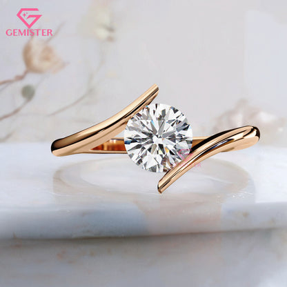 1.29 CT Round Cut Lab Grown Diamond Solitaire Engagement Ring, Modern Bypass Band – Unique Bridal Jewelry