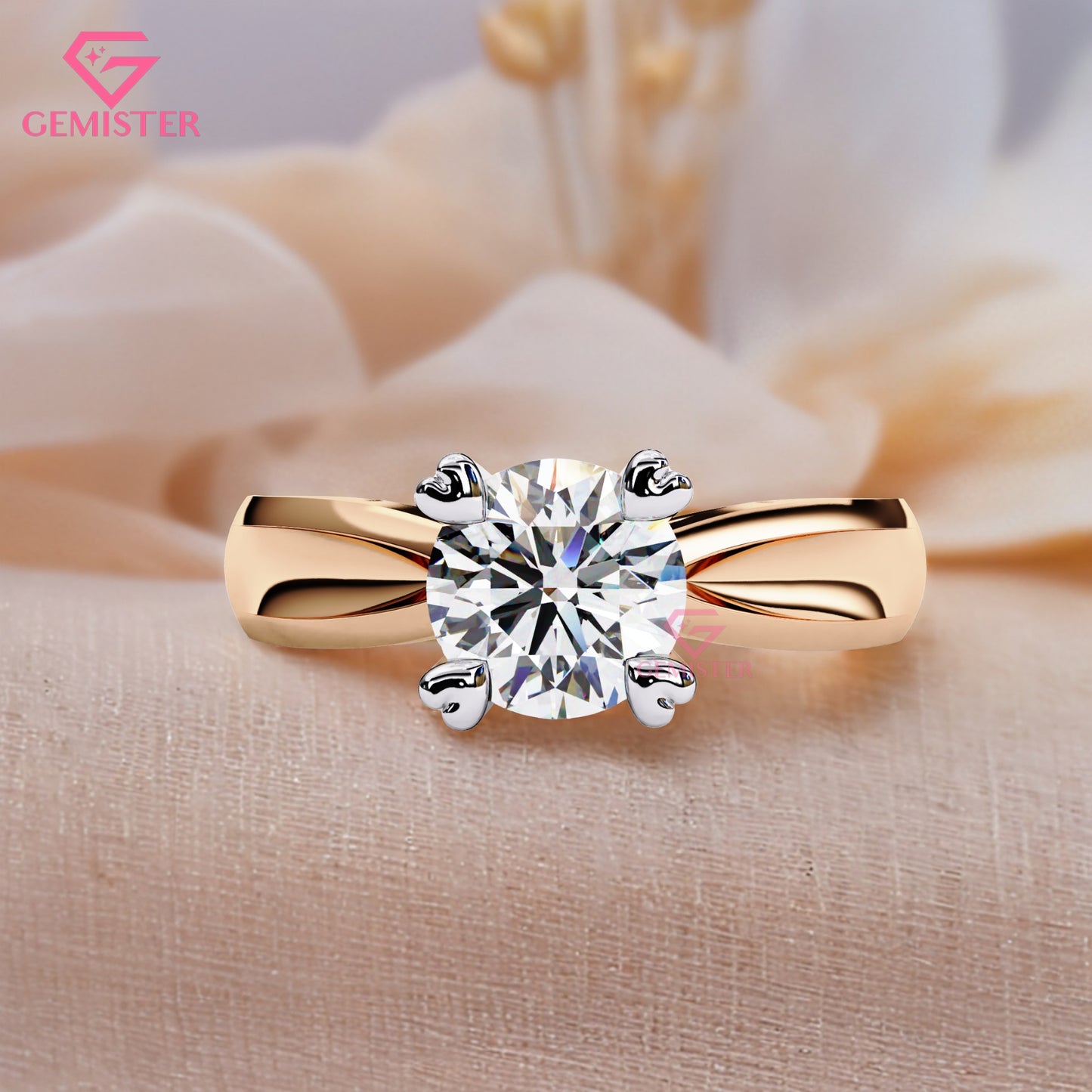 1.29 CT Round Cut Lab Grown Diamond Solitaire Engagement Ring with Classic Four Prong Setting and Wide Band