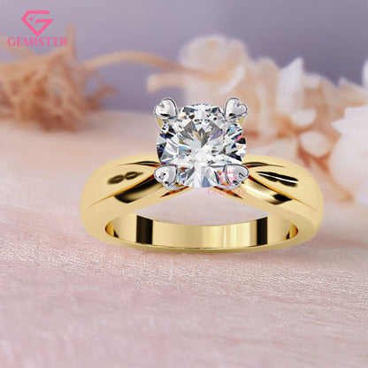 1.29 CT Round Cut Lab Grown Diamond Solitaire Engagement Ring with Classic Four Prong Setting and Wide Band